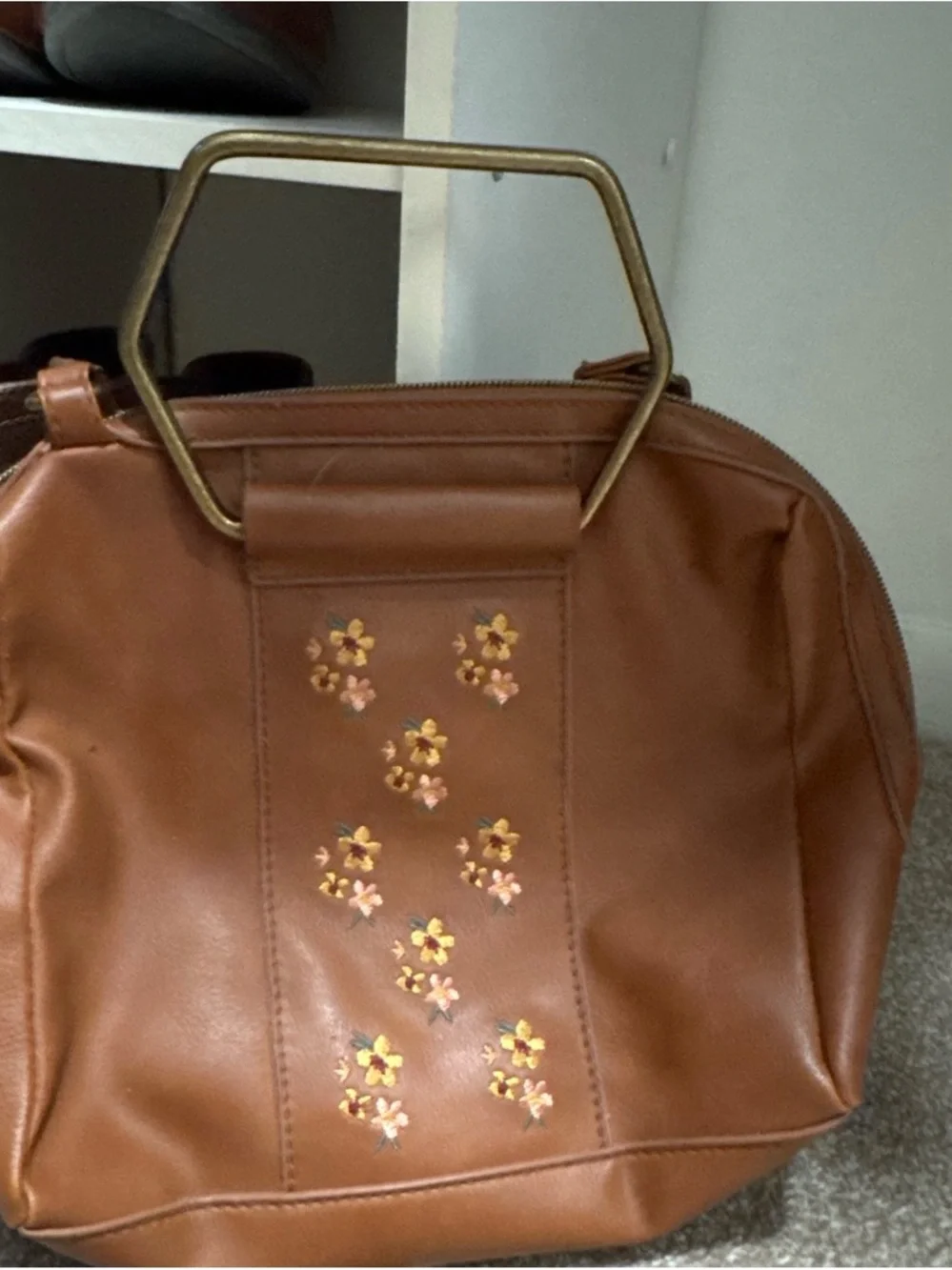 Brown Floral-Embroidered Women’s Handbag